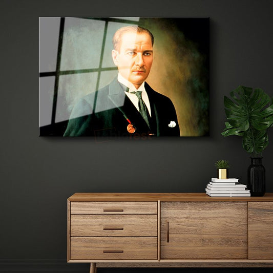 Yeşil Fonlu Atatürk - Madalyalı Resmi Portre Cam Tablo