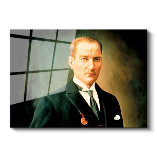 Yeşil Fonlu Atatürk - Madalyalı Resmi Portre Cam Tablo