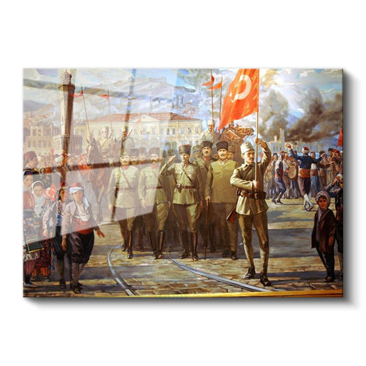 İzmir'in Kurtuluşu - Atatürk ve Ordusu Cam Tablo