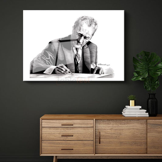 Atatürk ve İmzası - Sanatsal Portre Cam Tablo