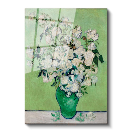 Van Gogh Gülleri - Yeşil Vazoda Beyaz Çiçekler Cam Tablo