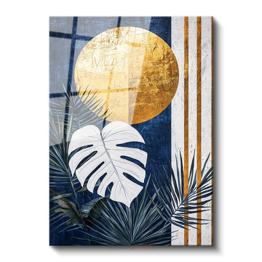 Tropikal Monstera - Mavi Altın Geometrik Dekor Cam Tablo