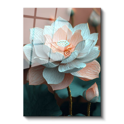 Zarif Nilüfer - Turkuaz ve Pembe Lotus Çiçeği Cam Tablo