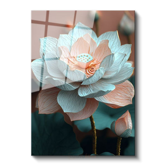 Zarif Nilüfer - Turkuaz ve Pembe Lotus Çiçeği Cam Tablo