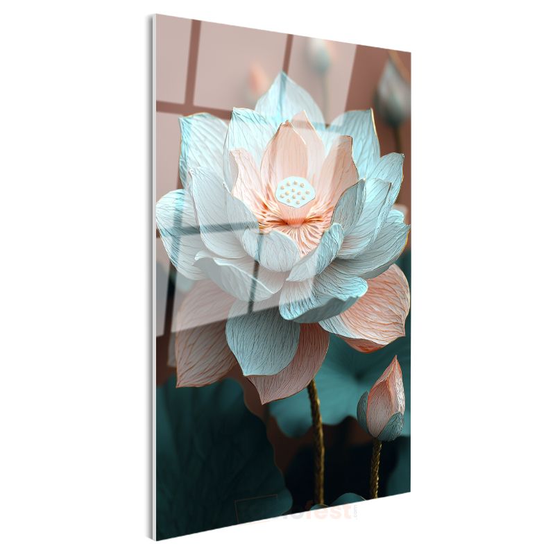 Zarif Nilüfer - Turkuaz ve Pembe Lotus Çiçeği Cam Tablo
