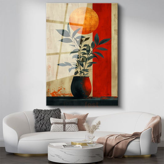 Zen Bitki - Modern Tarzda Saksıda Yapraklar Cam Tablo