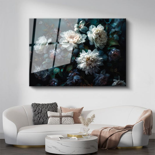Beyaz Kamelya - Gri Fonda Minimalist Çiçek Portresi Cam Tablo