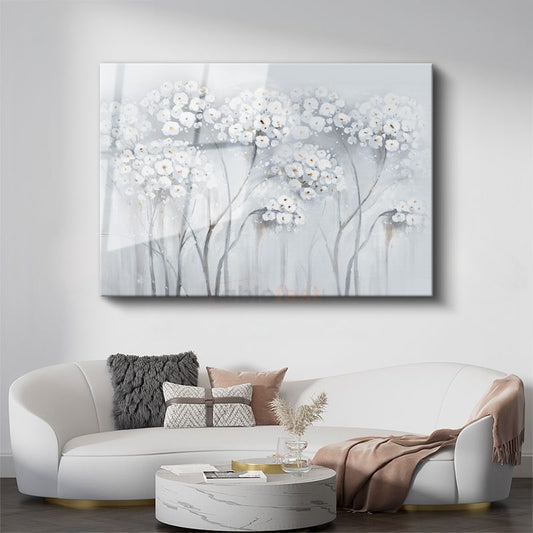 Beyaz Papatyalar - Gri Tonlarda Minimalist Çiçek Buketi Cam Tablo