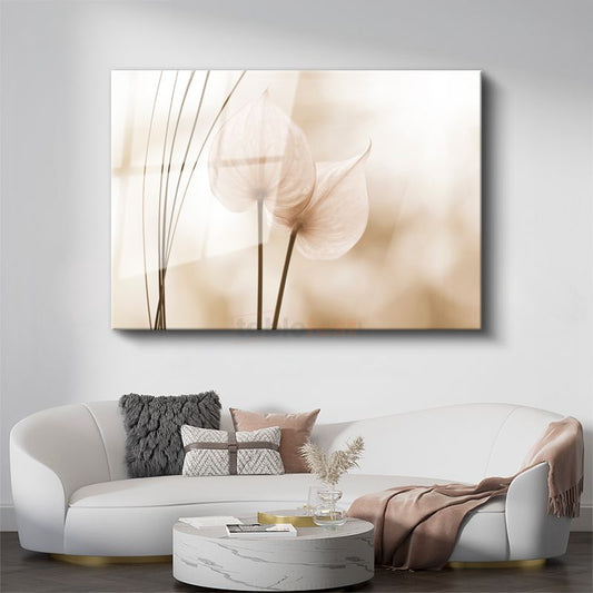 Anthurium Çiçekleri - Bej Tonlarda Minimalist Tasarım Cam Tablo