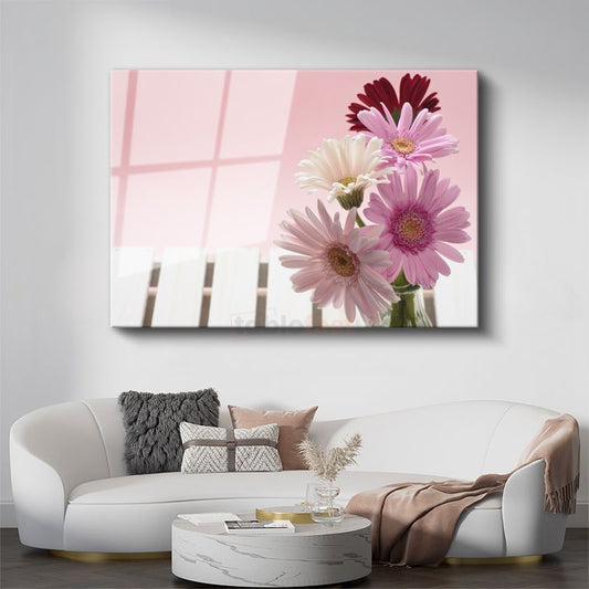 Pembe Gerbera - Romantik Çiçek Buketi Cam Tablo