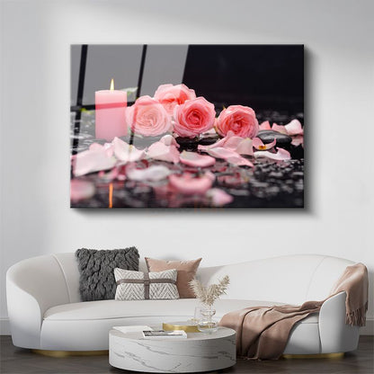 Pembe Güller - Mum Işığında Romantik Kompozisyon Cam Tablo