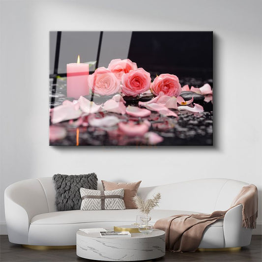 Pembe Güller - Mum Işığında Romantik Kompozisyon Cam Tablo