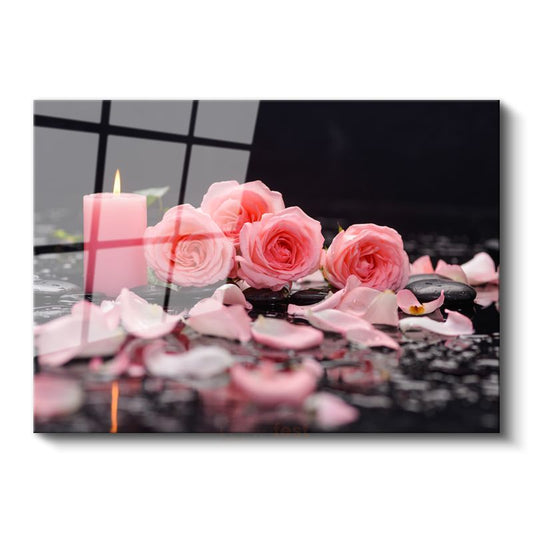 Pembe Güller - Mum Işığında Romantik Kompozisyon Cam Tablo