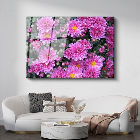 Pembe Kasımpatı - Çiçek Bahçesi Detayı Cam Tablo