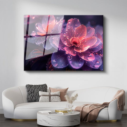 Pembe Çiçek - Dijital Sanat Su Damlacıklı Cam Tablo