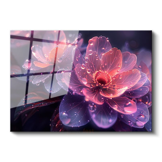 Pembe Çiçek - Dijital Sanat Su Damlacıklı Cam Tablo