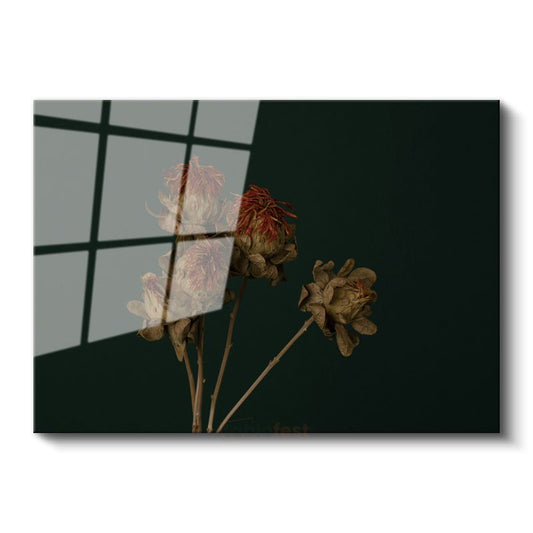 Kurumuş Çiçekler - Koyu Fonlu Vintage Cam Tablo