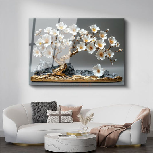 Beyaz Çiçekli Bonsai - Dekoratif Heykel Görünümlü Cam Tablo
