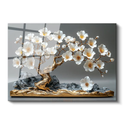 Beyaz Çiçekli Bonsai - Dekoratif Heykel Görünümlü Cam Tablo