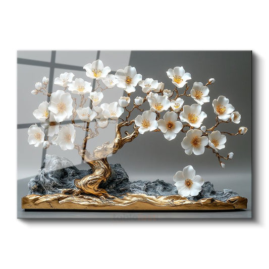 Beyaz Çiçekli Bonsai - Dekoratif Heykel Görünümlü Cam Tablo