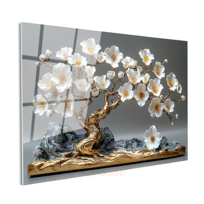 Beyaz Çiçekli Bonsai - Dekoratif Heykel Görünümlü Cam Tablo