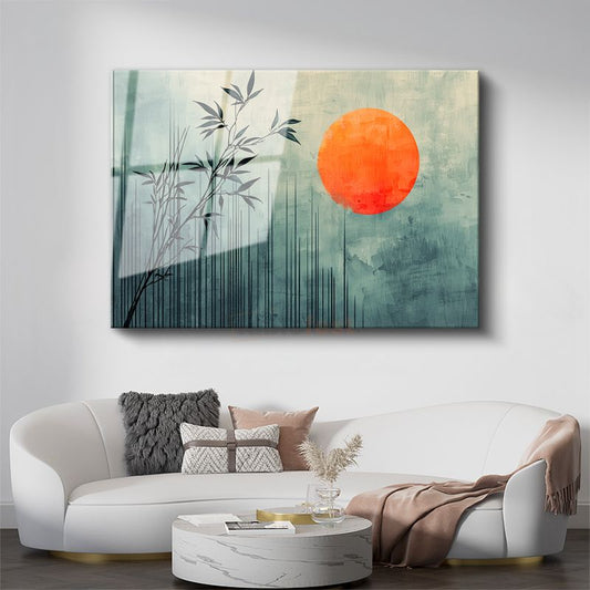 Bambu Dalları - Turuncu Güneş Eşliğinde Minimalist Tasarım Cam Tablo