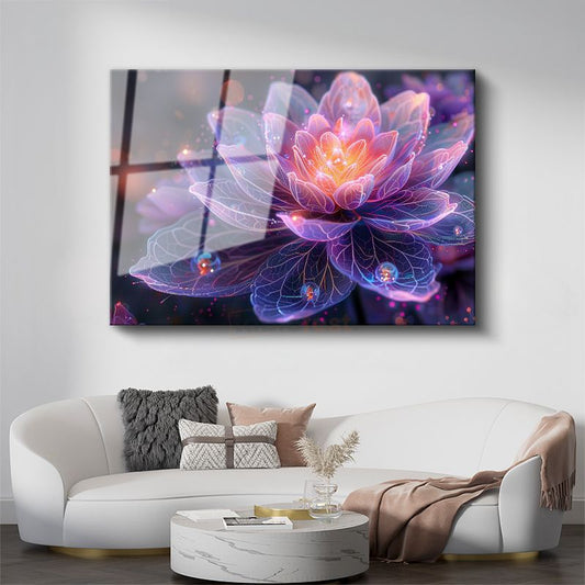Işıklı Lotus - Mor Tonlarda Fantastik Çiçek İllüstrasyonu Cam Tablo