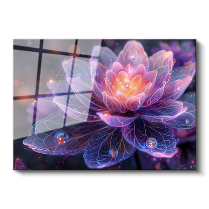 Işıklı Lotus - Mor Tonlarda Fantastik Çiçek İllüstrasyonu Cam Tablo