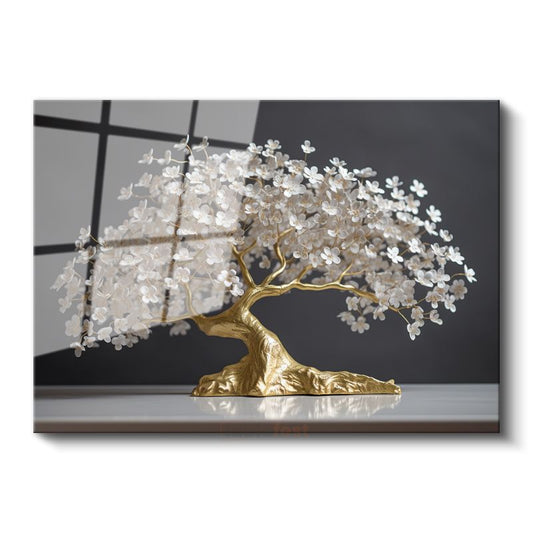 Altın Çiçek Ağacı - Zarif Beyaz Çiçekli Bonsai Sanatı Cam Tablo