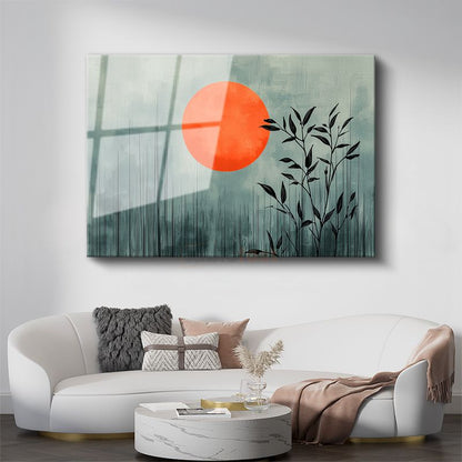Bambu Silueti - Minimalist Doğu Esintili Turuncu Güneş Cam Tablo