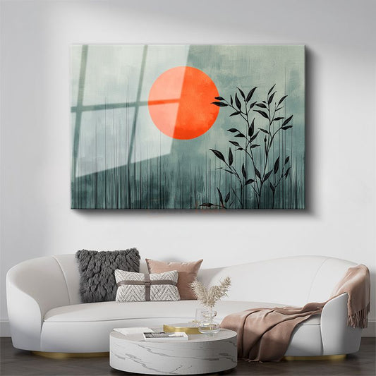 Bambu Silueti - Minimalist Doğu Esintili Turuncu Güneş Cam Tablo