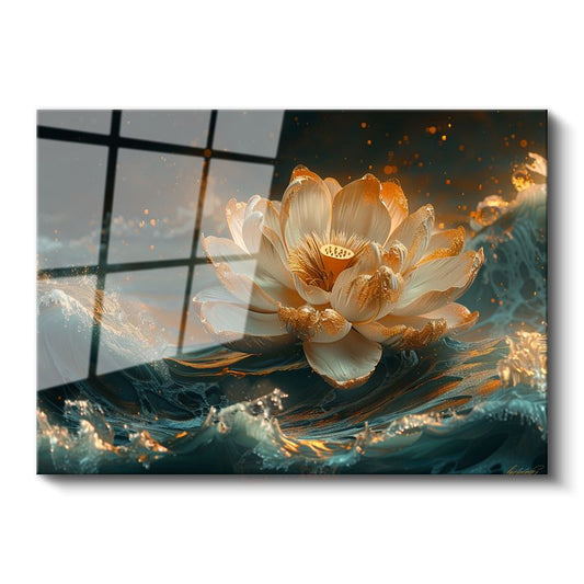 Altın Lotus - Su Üzerinde Işıltılı Nilüfer Çiçeği Cam Tablo