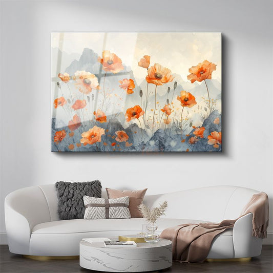 Krem Çiçekler - Siyah Fonda Minimalist Botanik Cam Tablo