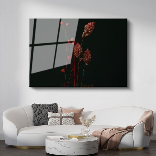 Kuru Çiçekler - Siyah Fonda Minimalist Botanik Cam Tablo