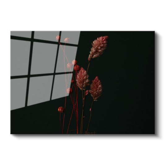 Kuru Çiçekler - Siyah Fonda Minimalist Botanik Cam Tablo