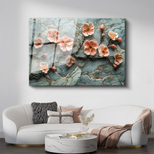Pembe Çiçekler - Turkuaz Mermer Dokulu Kabartma Görünümlü Sanat Cam Tablo