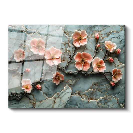 Pembe Çiçekler - Turkuaz Mermer Dokulu Kabartma Görünümlü Sanat Cam Tablo