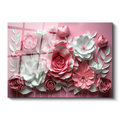 Pembe Beyaz Çiçekler - Pastel Fonda Kağıt Sanatı Cam Tablo