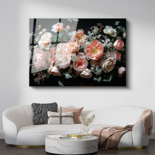 Romantik Güller - Pastel Pembe Tonlarda Zarif Buket Cam Tablo