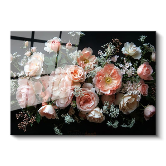 Romantik Güller - Pastel Pembe Tonlarda Zarif Buket Cam Tablo