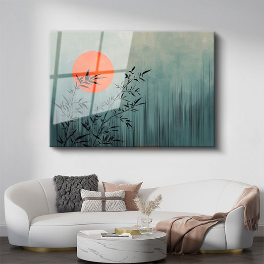 Zen Bambu - Kırmızı Güneş Eşliğinde Minimalist Tasarım Cam Tablo