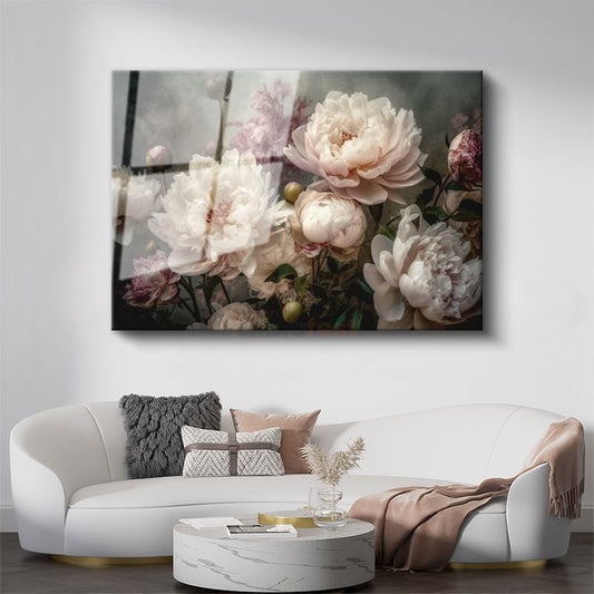 Vintage Şakayıklar - Pastel Tonlarda Romantik Buket Cam Tablo