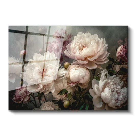 Vintage Şakayıklar - Pastel Tonlarda Romantik Buket Cam Tablo