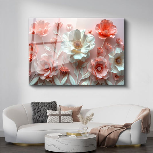 3D Çiçekler - Pembe ve Beyaz Kağıt Sanatı Kompozisyonu Cam Tablo