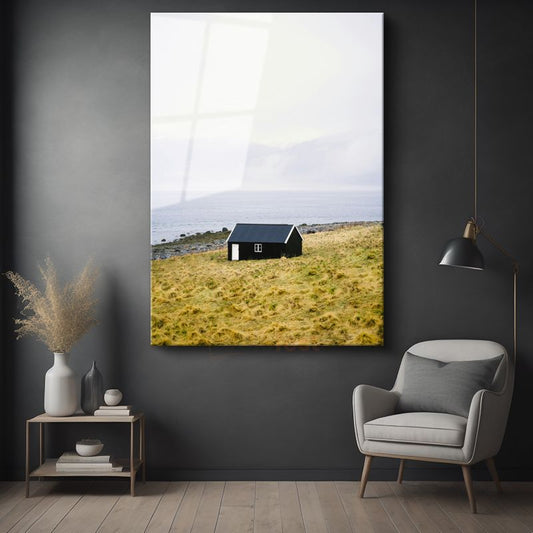 Yalnız Kulübe - Deniz Kenarında Huzur Veren Minimalist Manzara Cam Tablo