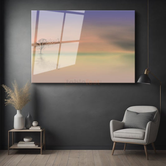 Yalnız Ağaç - Minimalist Doğa Silueti Cam Tablo