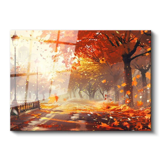 Sonbahar Parkı - Altın Yaprakların Dansı Cam Tablo