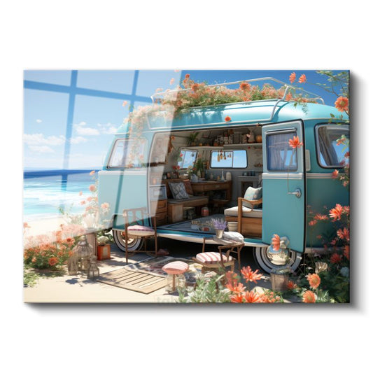 Çiçekli Karavan - Sahilde Huzur Köşesi Cam Tablo