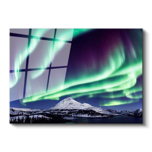 Aurora Borealis - Karlı Dağ Zirvesi Üzerinde Işık Şöleni Cam Tablo