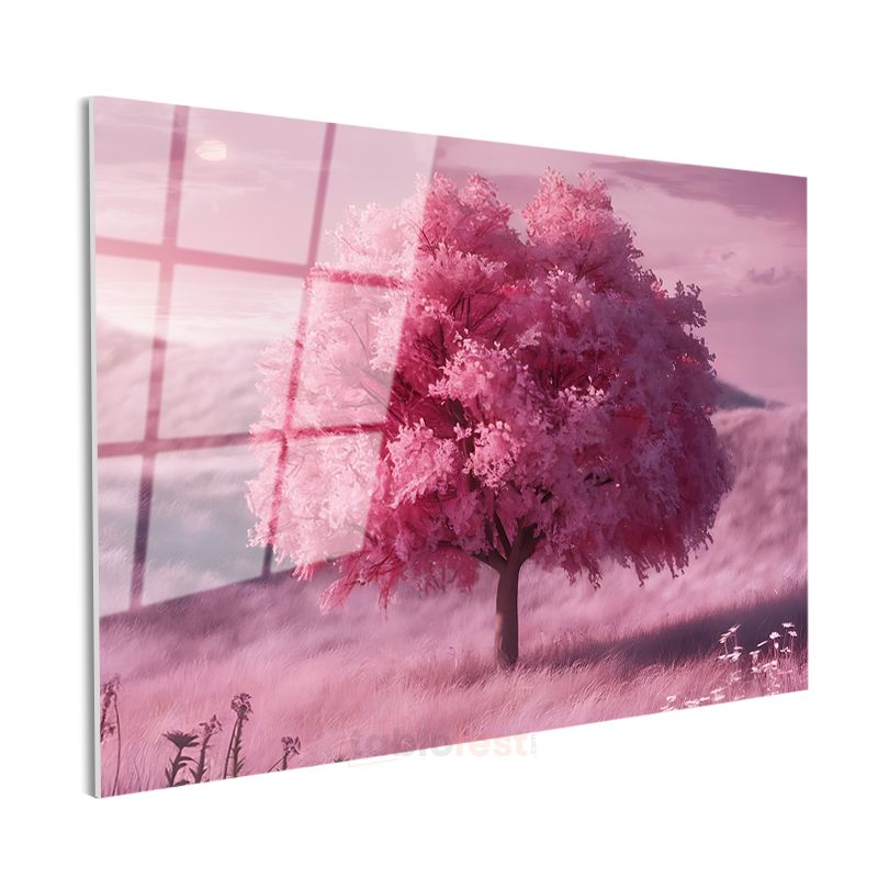 Pembe Çiçekli Ağaç - Bahar Rüyası Cam Tablo